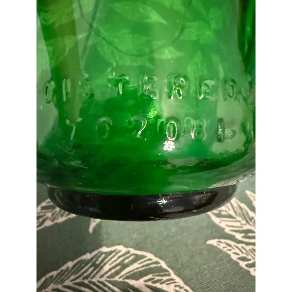 Vintage Emerald Green Glass Decanter with Pewter Grape Cluster Metal Collar 10in